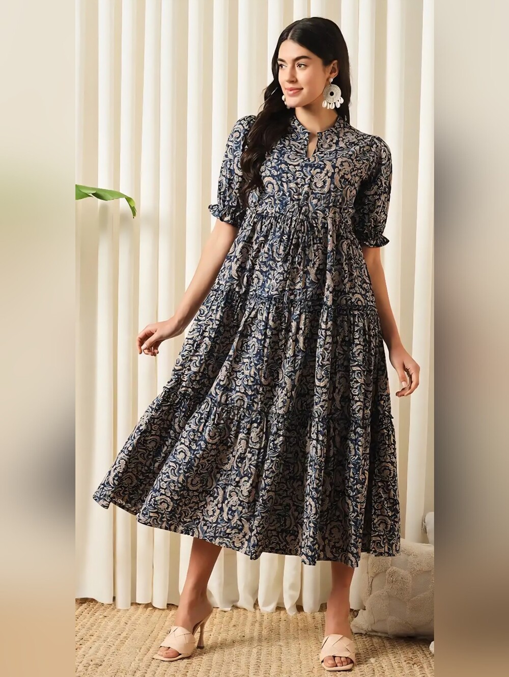 Blue Floral Print Cotton Midi Dress XL | Puff Sleeve Fit & Flare Boho Tierd